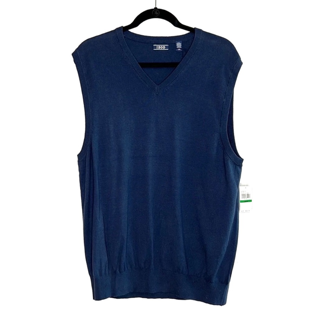 IZOD Fieldhouse Cotton Wool Blend Sweater Knit Navy Blue Vest size Large